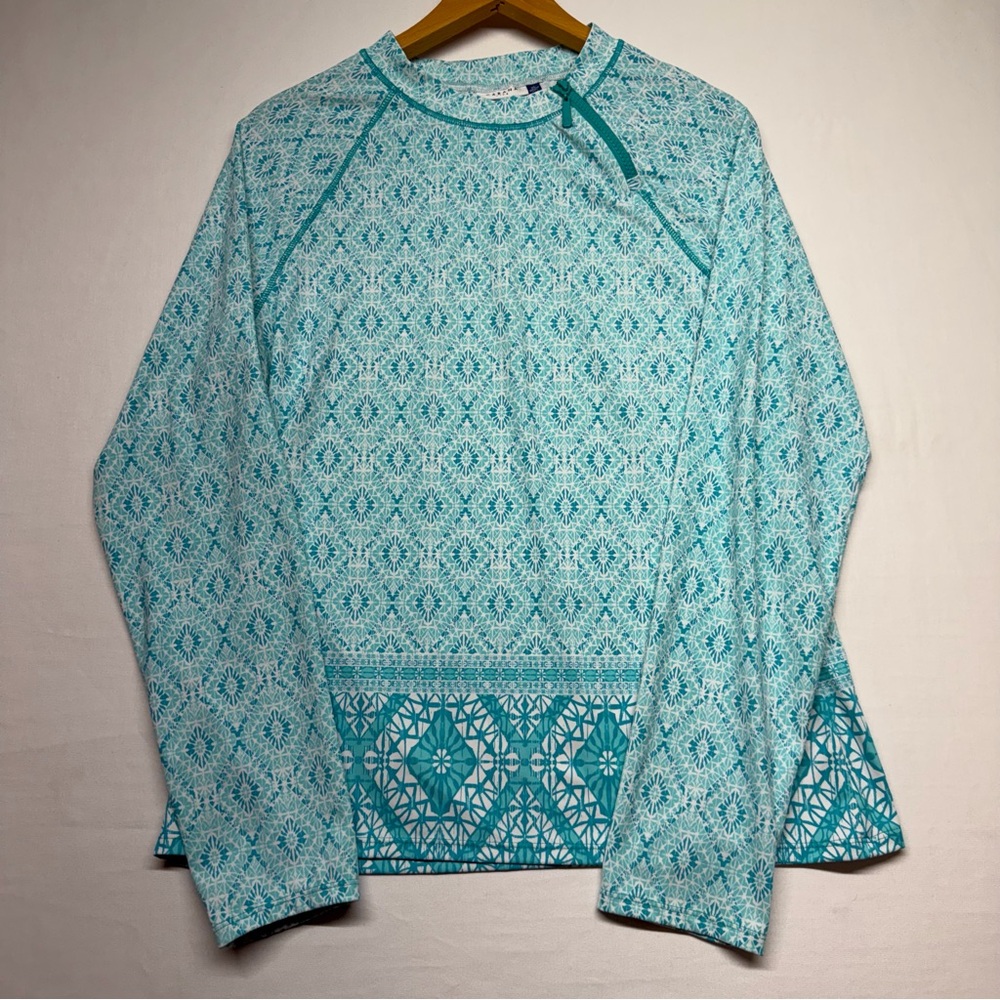Cabana Life XL Teal Geometric UPF 50+ Rash‎ Guard Swim Top